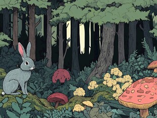 森林中的兔子与奇幻蘑菇