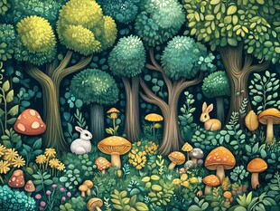 奇幻森林中的动物与蘑菇世界