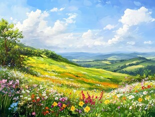 春日繁花绿野风景图