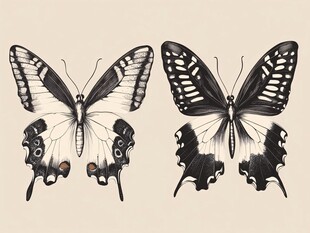 黑白双蝶插画图案