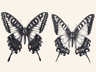 黑白双蝶插画图案设计