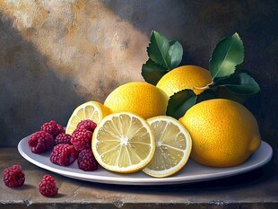 柠檬与树莓的静物组合