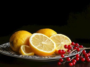 盘中柠檬与红果的诱人组合