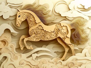 纸艺骏马奔腾于云海间