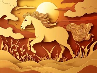 夕阳下奔腾的金色骏马
