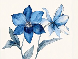 蓝色花卉水彩插画作品