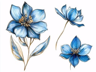 蓝色手绘花卉插画作品
