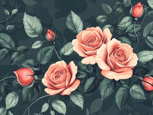 复古风粉色玫瑰绿叶图案
