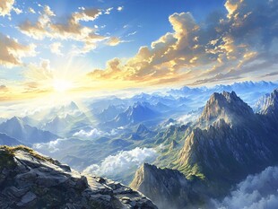 壮丽山巅日出云海景观