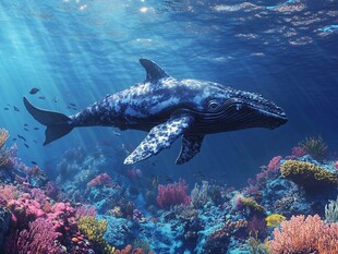 深海蓝鲸畅游绚丽珊瑚间