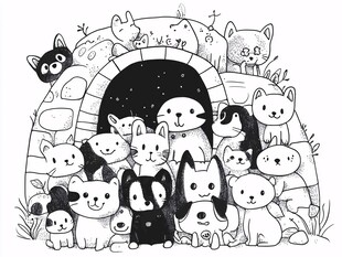 可爱动物们齐聚神秘洞口