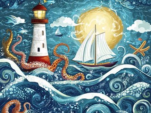 梦幻海洋灯塔与帆船图景
