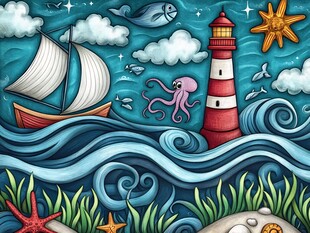 海洋灯塔帆船奇幻插画