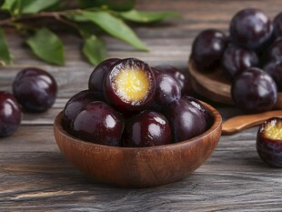 木碗中的紫黑色新鲜李子