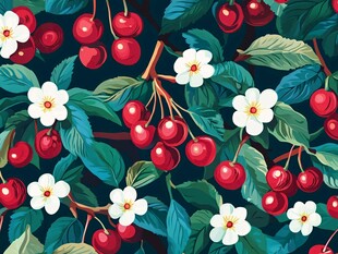 樱桃花卉图案的精美插画