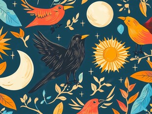 月夜下的飞鸟与花草图景