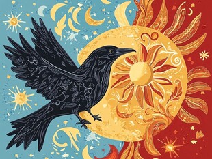 黑鸦伴日月的奇幻插画