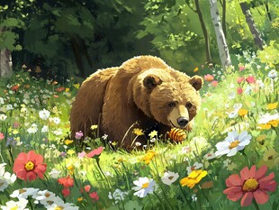森林中漫步的棕熊与繁花