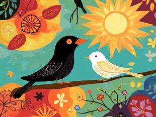 枝头双鸟绘多彩自然景