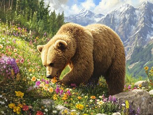 山野棕熊嗅闻缤纷花朵