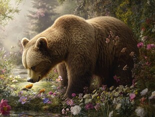 森林中嗅花的棕熊