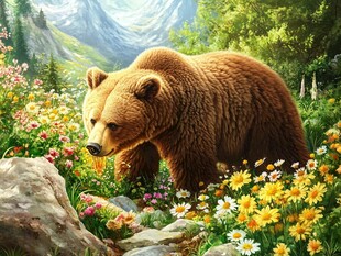 花丛中漫步的棕熊