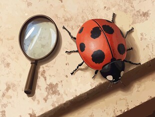 放大镜旁的彩色瓢虫模型