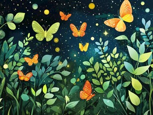 夜中蝶舞绿植梦幻景象
