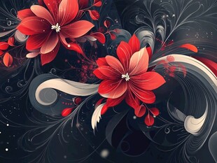 红花朵朵伴优雅线条图案