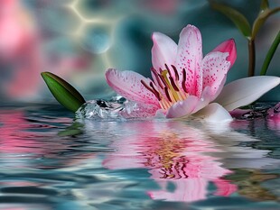 水中绽放的美丽粉色百合花