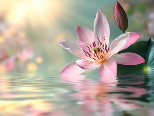 水中绽放的柔美粉色莲花