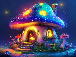 梦幻蘑菇小屋的奇幻夜景