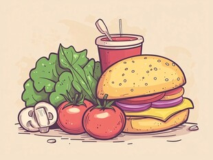 手绘美味汉堡与新鲜配菜