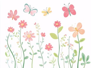 春日花卉蝴蝶清新插画