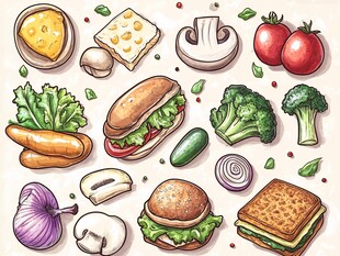 手绘美味汉堡与新鲜食材