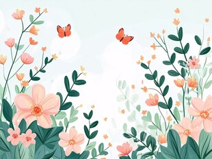 春日花卉与蝴蝶插画
