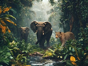 丛林中大象与猎豹的相遇