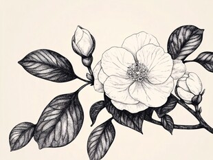 黑白手绘山茶花枝叶图