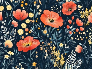 深蓝色底花卉图案插画