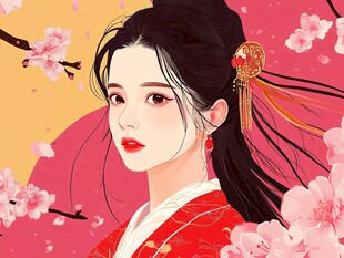 古风红衣佳人赏春景