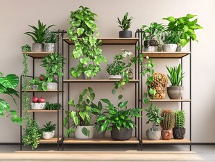 室内绿植架上的多样盆栽