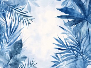蓝色热带植物水彩背景图