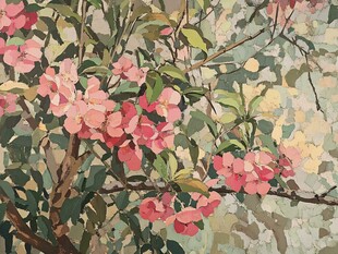 盛开的粉色花卉油画景象