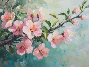 粉色桃花油画花卉图