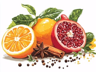 橙与石榴的香料静物绘