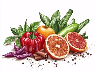 多彩蔬果与香料静物图