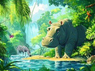 河马斑马的丛林奇幻景象