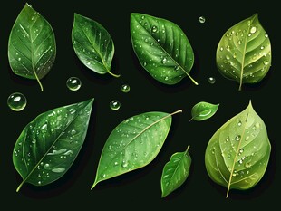 清新绿叶带水珠插画