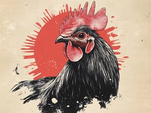 公鸡插画 红冠黑羽映红日