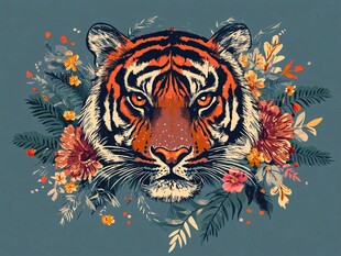 老虎花卉插画 野性与柔美